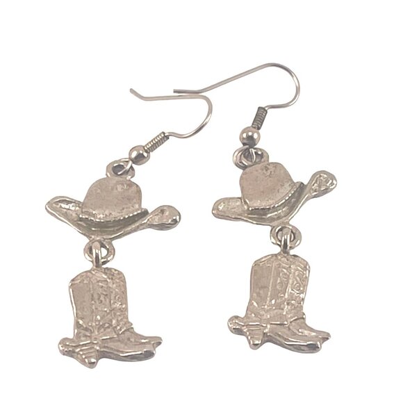 Cowboy Hat and Boot Dangle Earrings Western Themed Silver-Tone Jewelry Metal Hoo - Picture 1 of 5